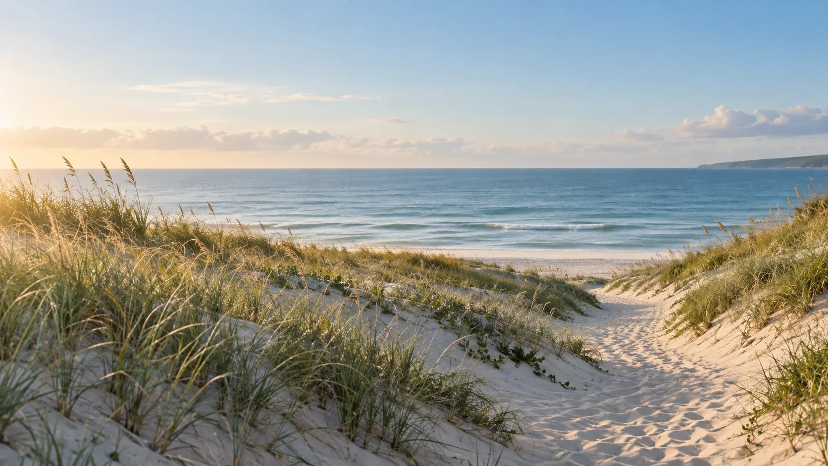A sandy path through coastal grasses leading toward a calm blue sea